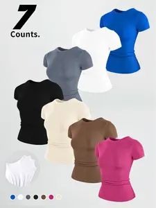 Women's solid color crew neck, fitness yoga sweatshirt, high elasticity, comfortable and breathable, short-sleeved T-shirt, top, suitable for gym exercise, summer women's sportswear