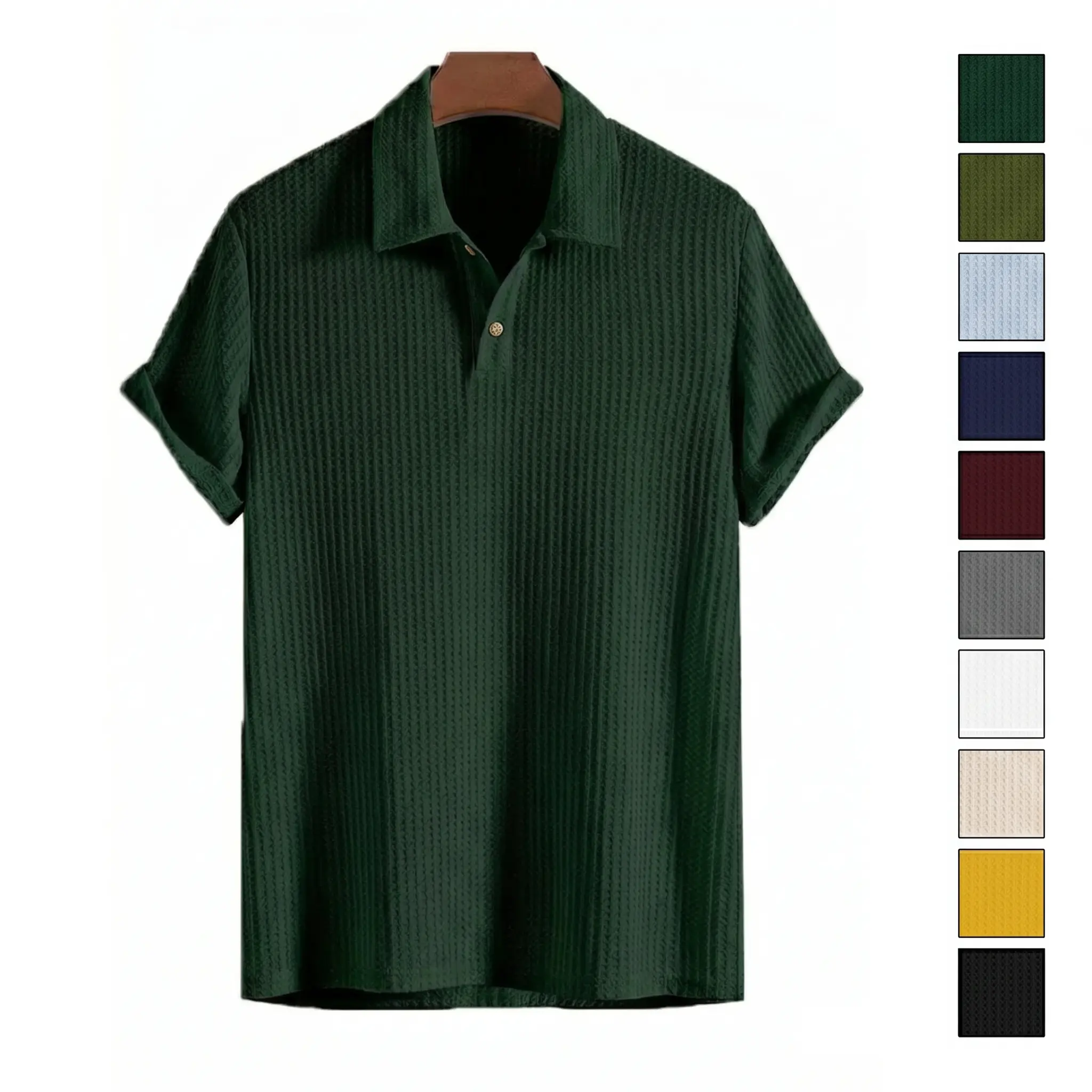 Men's Plain Jacquard Knit Polo Shirt (S-2XL), Regular Fit Casual Short Sleeve Button Front Green Top for Summer, Father's Day Gift Fashion Clothes for Daily Wear.