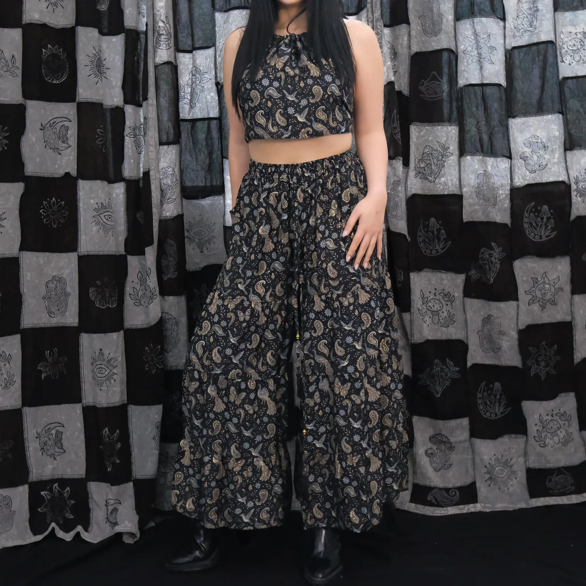 Whimsical Boho Paisley Halter Top & Tiered Wide Leg Pants Set, Flowy Tiered Palazzo Pant Set, Festival Outfit, Bohemian Co ord Set