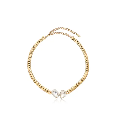 Ettika Double Gem Centerstone Necklace 18kt Gold Plated Brass Glass Beads 15" & 5" Extender Adjustable Gold Choker