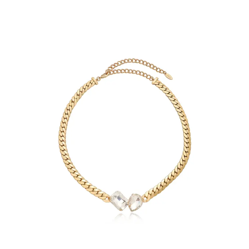 Ettika Double Gem Centerstone Necklace 18kt Gold Plated Brass Glass Beads 15" & 5" Extender Adjustable Gold Choker