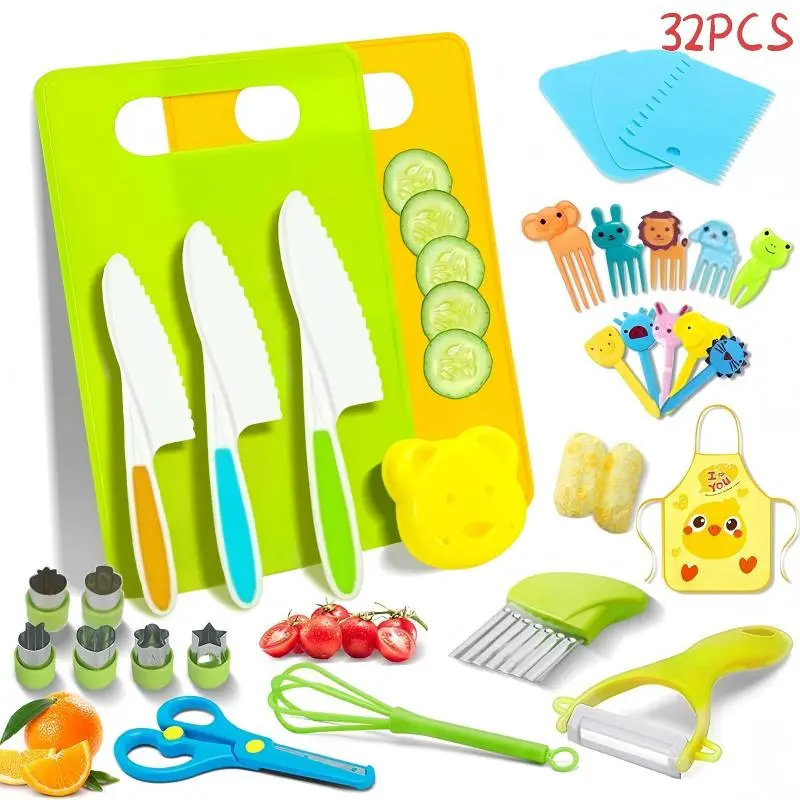 32PCS Safe Montessori Kids Kitchen Knife Set, Real Toddler Cooking Utensils & Sandwich Cutters, Educational Kids Kitchen Gadgets for Ages 5‑10, Pretend Play Cooking Tool Set, Ideal Holiday Gift for Boys & Girls