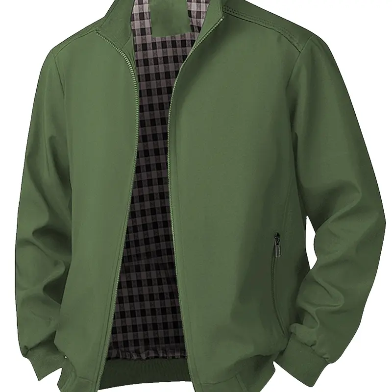 Men's Casual Stand Collar Jacket, Fashionable Long Sleeve Fitted Outerwear, Plain Design with Pockets and Zipper, Fall & Winter Style, Zippered Jacket, Coats, Solid Pocket Jacket, Collared Zipper Jacket