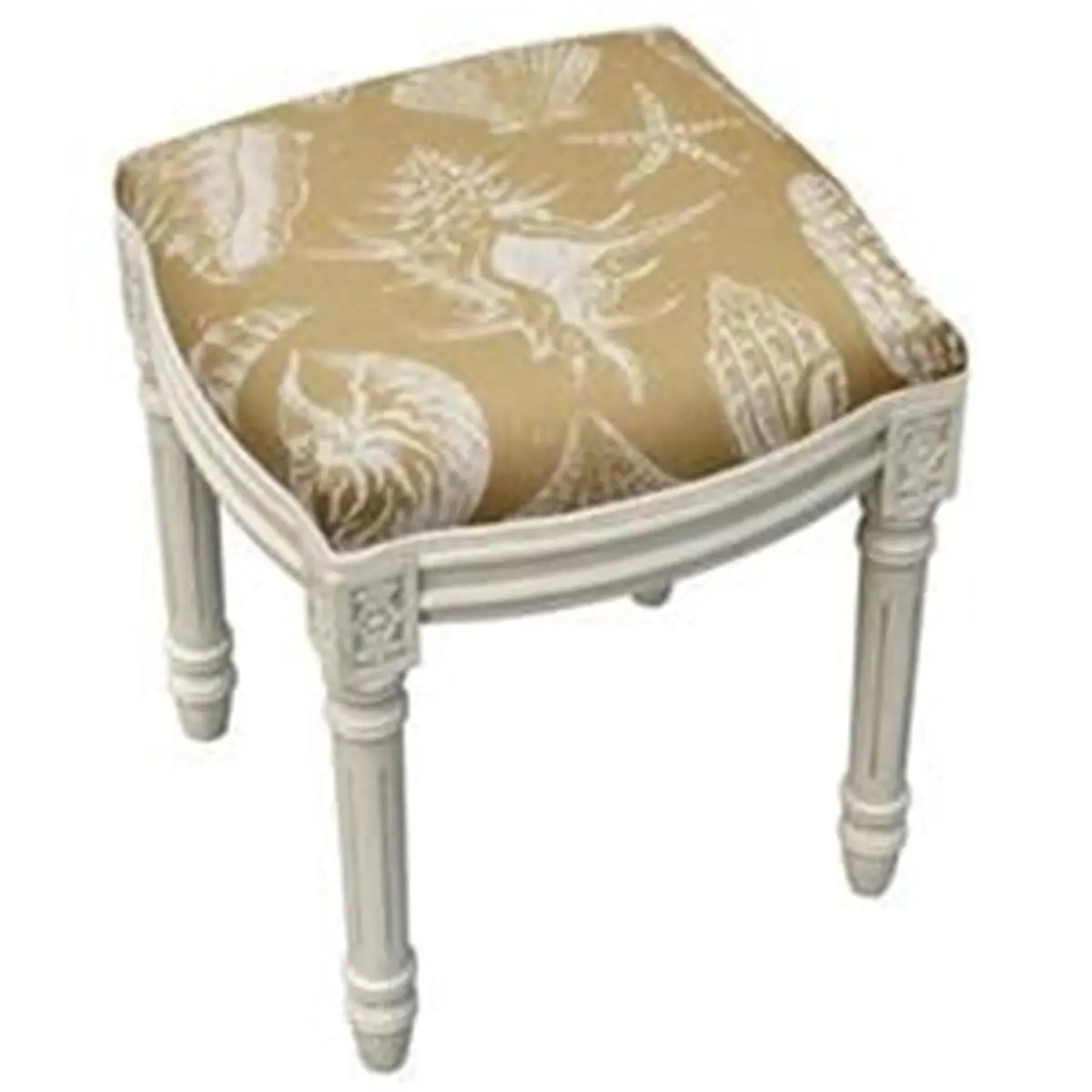 123 Creations WFS020XXBE Armless Vanity Stool - Tan Seashells Linen Upholstered, Antique White Wooden Frame Antique Finish Chairs & Stools, Easy Assembly, Screw-In Legs