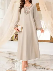 Women's Floral Long Robe, Elegant Modest Style, V Neck + Bell Sleeves, Soft Non-Transparent Fabric, Islamic Clothing, Perfect for Ramadan/eid