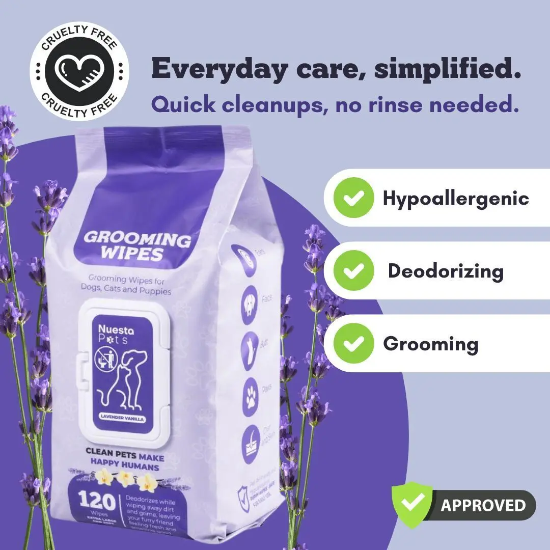 Nuesta Pets Lavender Vanilla Bath Replacement Wipes Extra Large Soft 8x12 Inches Hypoallergenic Deodorizing Grooming Wipes for Dogs & Puppies 120 Count