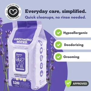 Nuesta Pets Lavender Vanilla Bath Replacement Wipes Extra Large Soft 8x12 Inches Hypoallergenic Deodorizing Grooming Wipes for Dogs & Puppies 120 Count