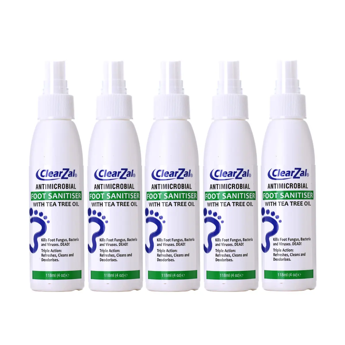 ClearZal Foot Sanitizer Spray with Tea Tree Oil, 4-Ounce Bottle  5 packs for family sharing ,Contains natural tea tree oil and aloe vera Long-lasting disinfectant and antibacterial spray