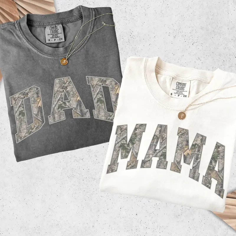 Comfort Colors Camo Mama Dad Shirt, Family Matching T-Shirts, Hunting Camo Graphic Tee, Rustic Outdoor Unisex Cotton Top