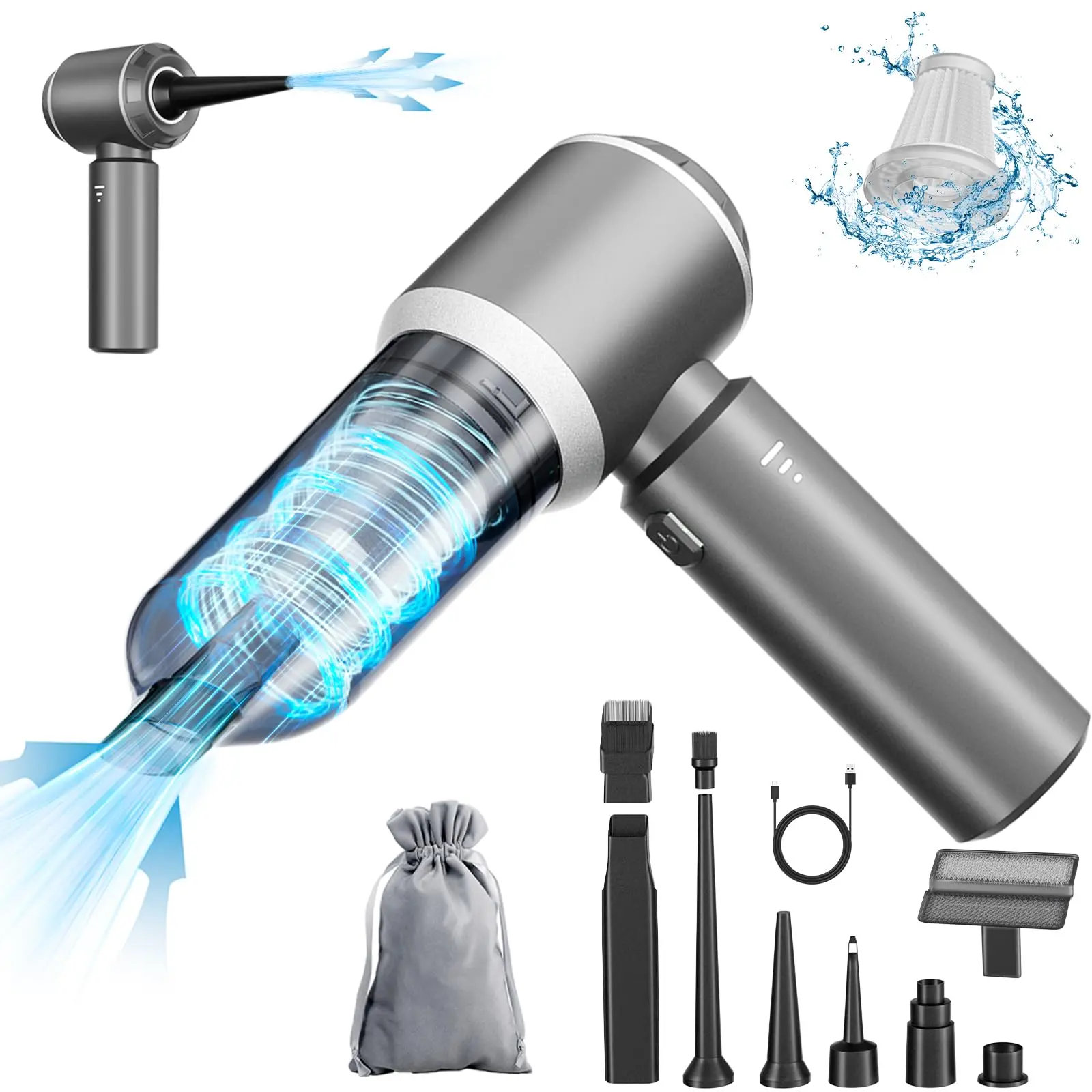 Mini Vacuum Cordless, Portable Vacuum Cordless for Car, 4-in-1 20000PA High Power Portable Rechargeable Vacuum Cleaner with Brushless Motor, Small Handheld Vacuum & Air Blower & Pump-Grey