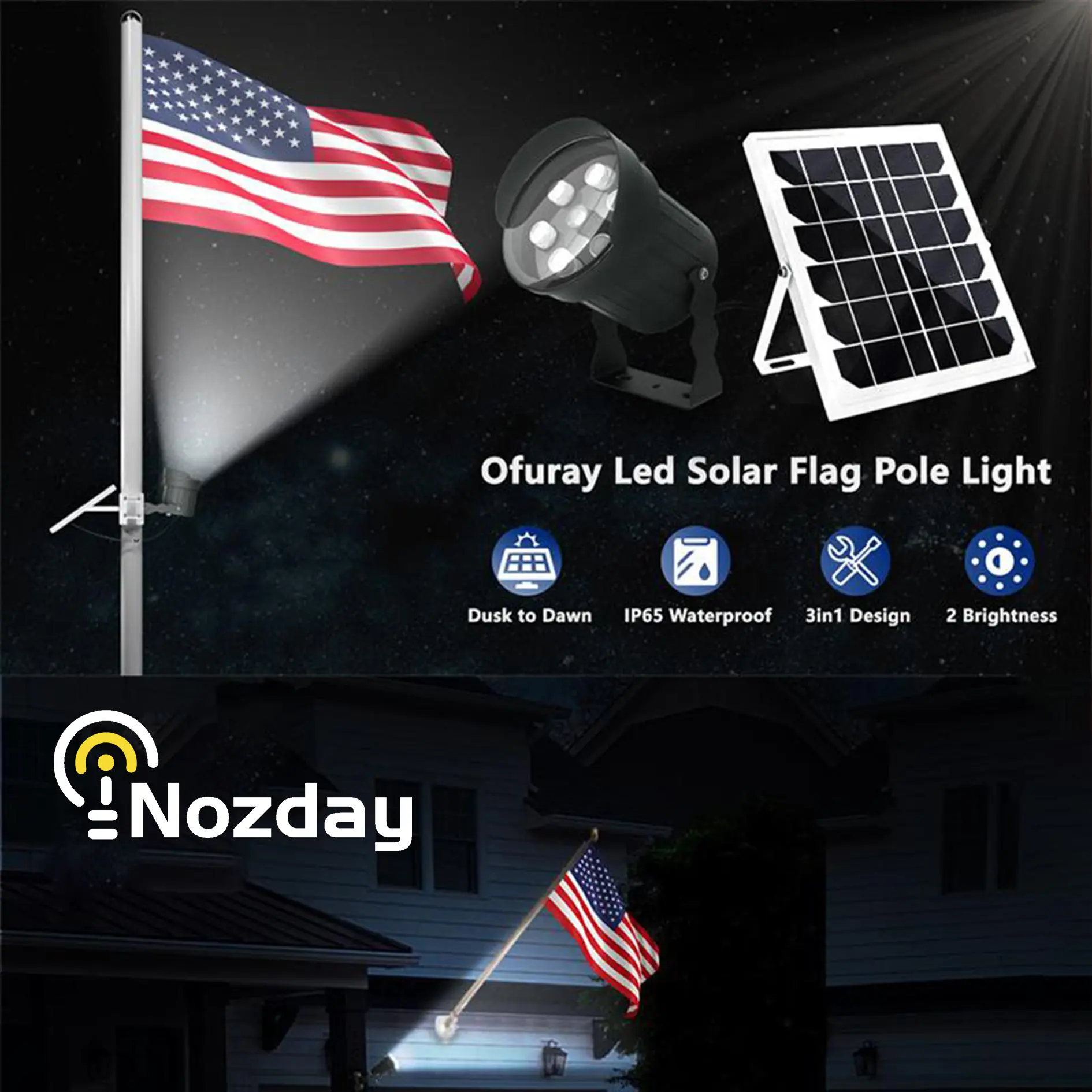 Solar Flag Pole Light Outdoor, Brightest Flag Pole Light Solar Powered, American Flag Coverage Led Solar Flag Pole Lights Outdoor Dusk to Dawn fit 0.5''-4'' Flagpole for House Inground