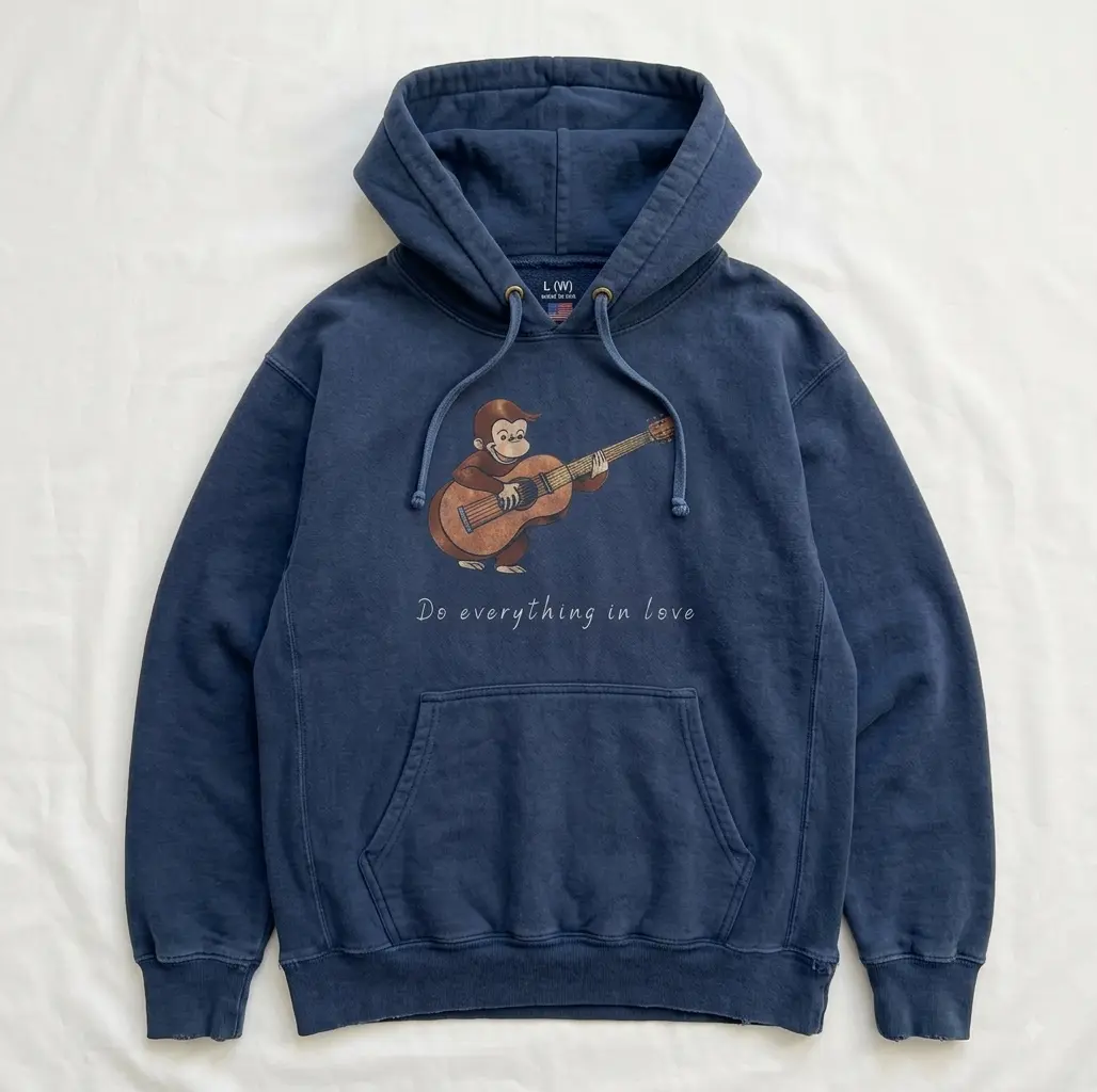 Vintage Design Curious George "Do Everything in Love" Hoodie, Gildan Heavy Cotton Casual Navy Blue Top c86