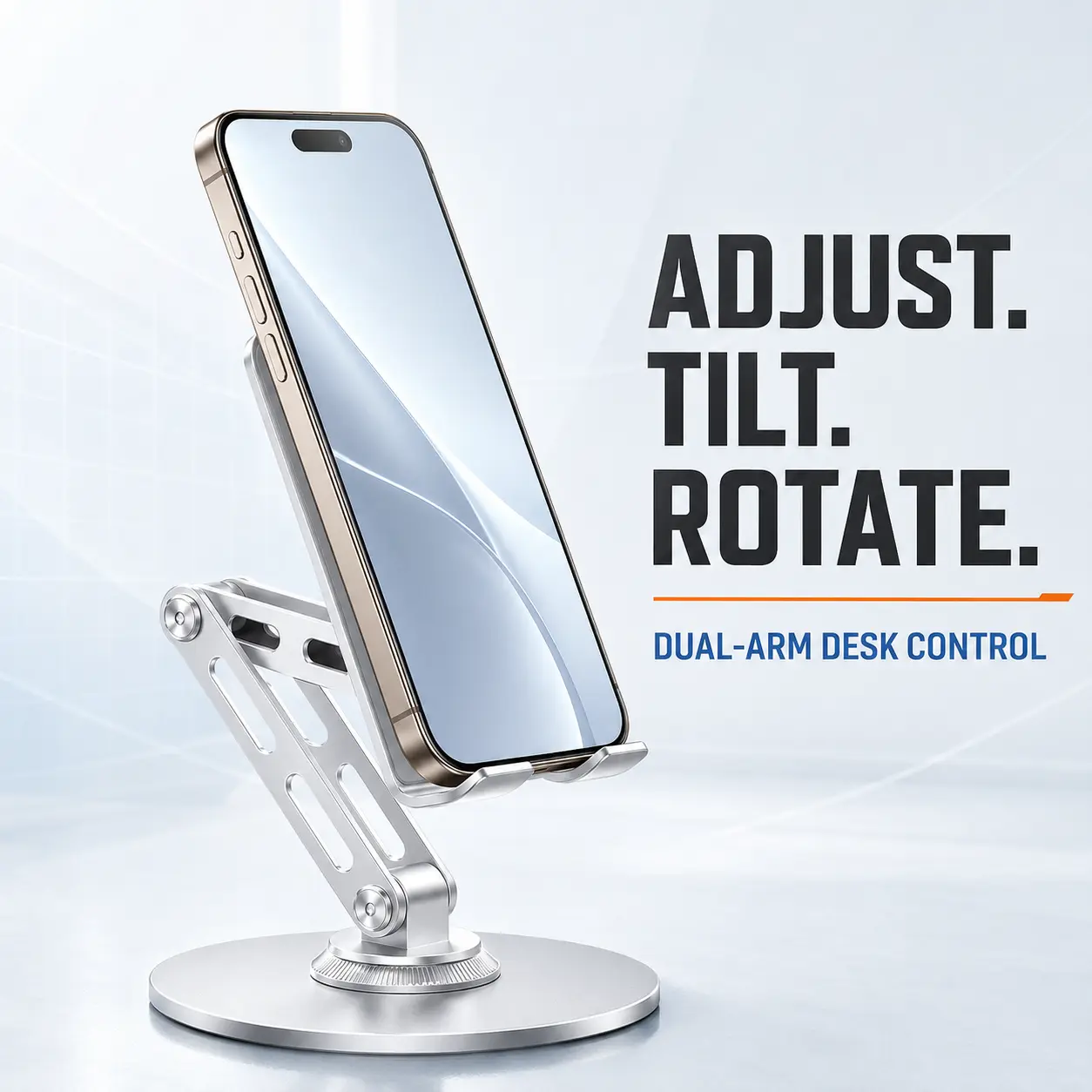 Cell Phone Stand for Desk, Adjustable Foldable Metal Smartphone Holder with Rotating Base, Protective Pads and Multi-Angle Viewing for Home, Office and Bedside