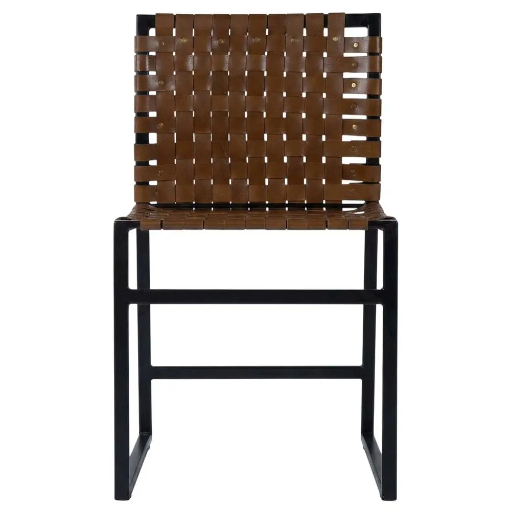 Industrial Leather Side Chair - Without Arms, Distressed Finish, Full Back, Scratch-Resistant Sled Base - Single-Person Accent Chair for Dining Room