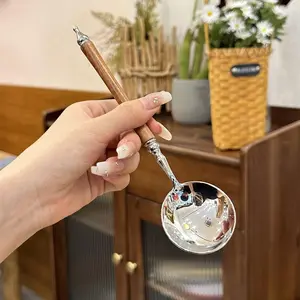 Vintage Wooden Handle Flatware Set - 4-Piece Stainless Steel Spoons with Brown Handle, Retro Table Spoon Set for Dining, Silverware