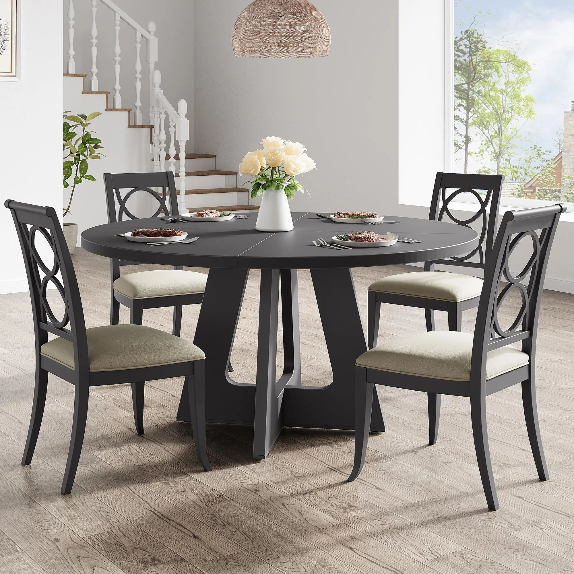 GAOMON 47 in Round Large Dining Table Set for 4 to 6, Farmhouse Dinner Table with Wooden Top and Legs for Home Dining Room or Living Room - Grey(No Chairs)Black