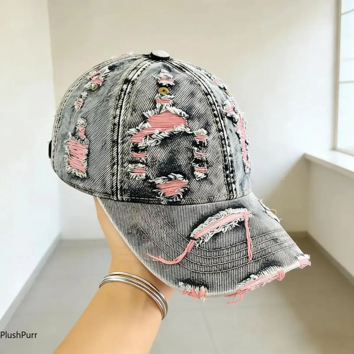 Men's Structured 6-Panel Wide-Brim Trucker Cap - Retro Ripped Washed Denim Adjustable Snapback Hat for Outdoor Sun Protection (Bag Accessory), Snapback Hats, Structured Hat