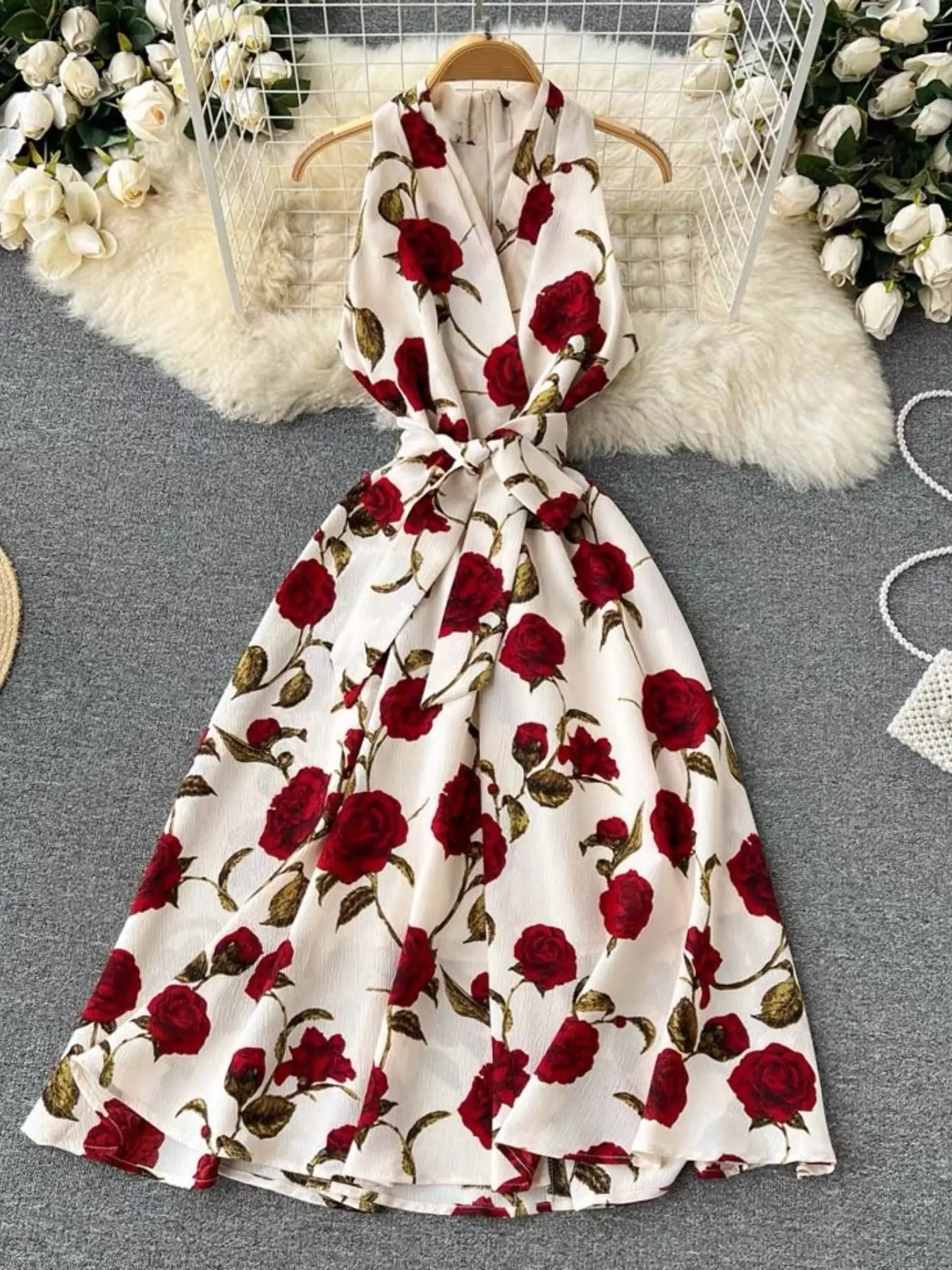 Vintage Floral Dress with V Neck and Adjustable Tie Waist, Flattering Fit Mid-Length Gown for Women, Elegant Goddess Style Womenswear, Casual Boho Chic Bohemian, Boho Style Dresses