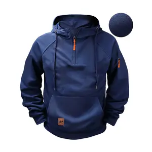 Men's Solid Color Hooded Long Sleeve Zip-Up Hoodie with 1/4-Zip Henry Collar, Kangaroo Pocket & Ribbed Cuffs - Casual Sportswear for Autumn Winter Outdoor Activities, Essential Hoodie, Sleek Smooth Texture