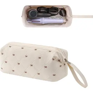 Large Quilted Hair Tool Travel Bag with Bow Pattern, Waterproof Hair Accessory Storage Box, Fits Shark Flexstyle, Dyson Airwrap, Curlers