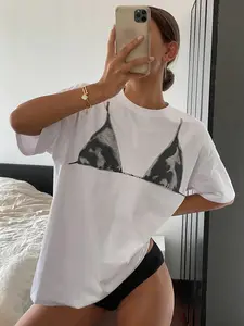 Women's Bikini Pattern Casual Fashion Tee Tops, Short Sleeve Fitted Summer, Soft Comfortable Daily Wear for Beach Travel, Streetwear