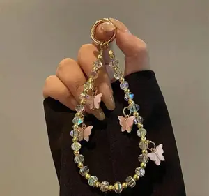 New Butterfly Mobile Phone Chain Wrist Lanyard Short Keychain Bag Pendant with Crystal Beads and Butterfly Charms