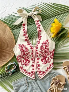 Sorella Apricot Base Floral Embroidered Halter Backless Bow Short Top, Elegant Chic Bohemian Boho Slim-Fitting T-Shirt, No Collar Button Zipper, Embroidery