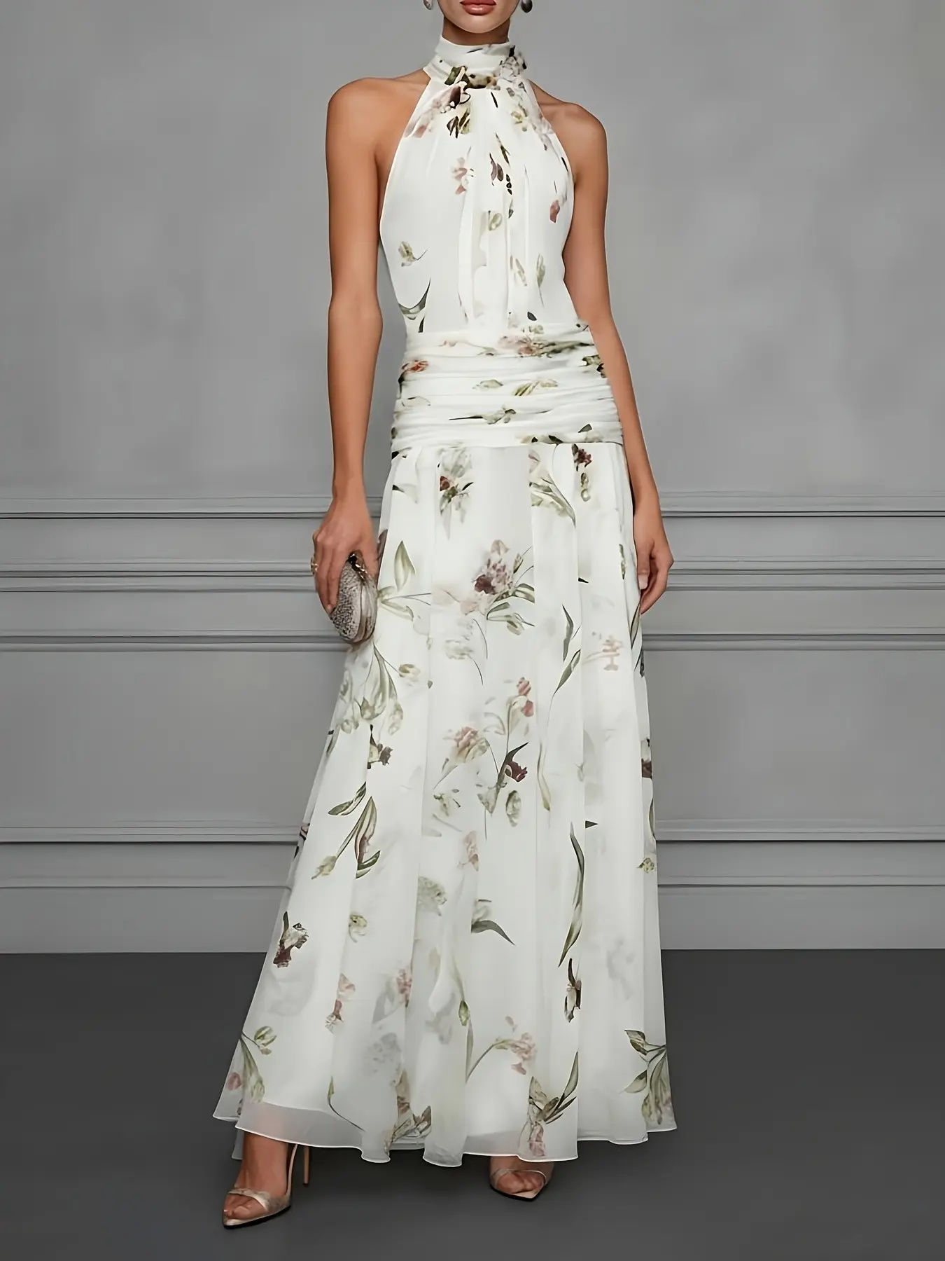 French Halter Dress, Womenswear, Flowy Chiffon, Floral, Romantic Aura, Reveals Shoulder Lines, Transparent Texture, Wedding Guest Gown, Wedding Guest Dresses, Wedding Attire, Party, Tea Time, Elegant Casual Style, Chic