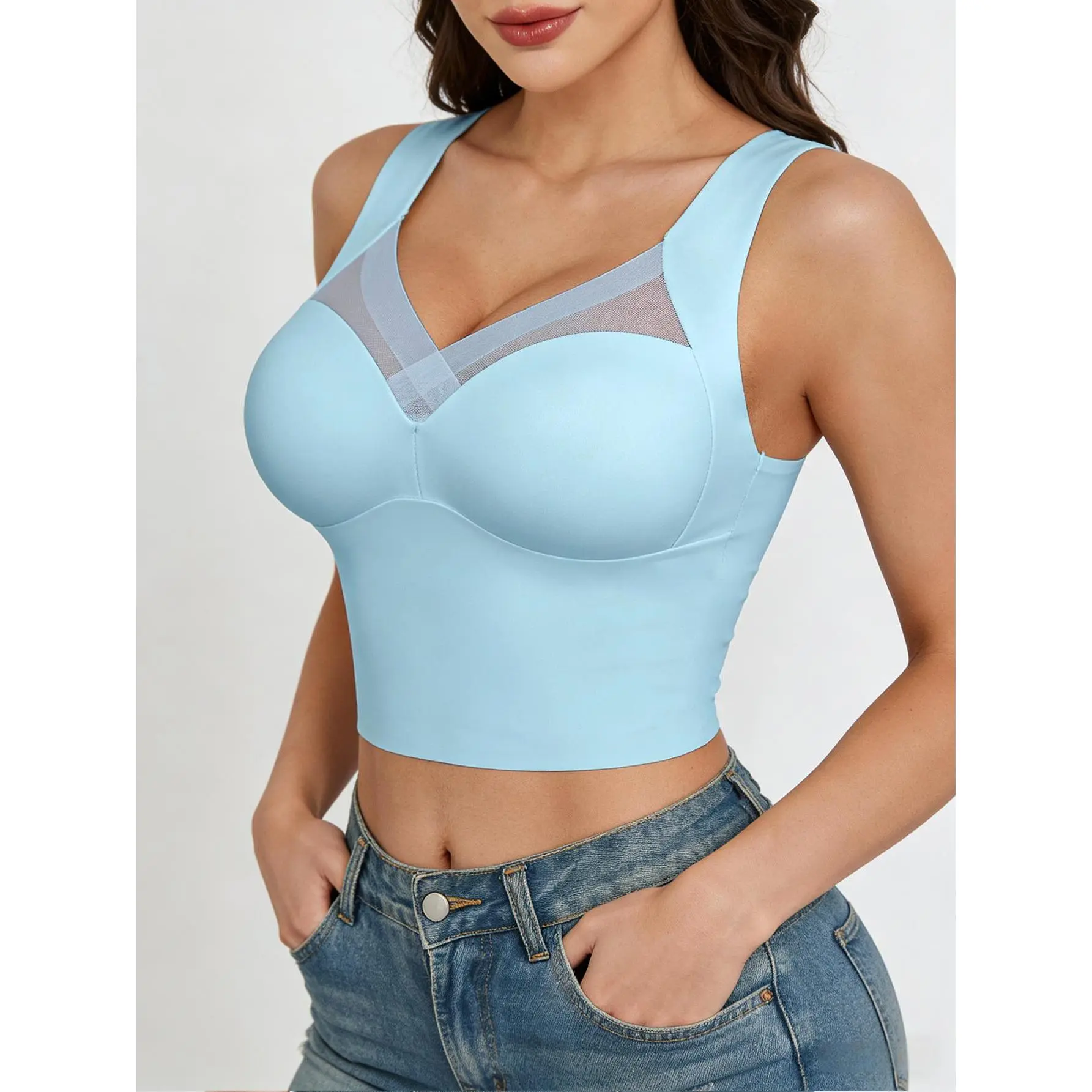 EssElegance Women's Seamless Longline Bra | Mesh Plunge V-Neck Wirefree Bralette | Smoothing Shapewear Crop Top Built-In Bra | Wide Strap Everyday Camisole | Invisible Basic Going Out Tank Top | Solid Color Athletic Yoga Activewear Cami