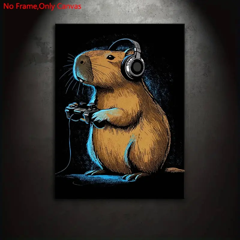 1 Piece/Set Frameless Canvas Painting Print Poster,Classic Humorous Pop Art, Cartoon Prints,Capybara Gamer with Headphones,Perfect Gift for Video Game Lovers,suitable for Bedroom,Study,Office,Living Room,Wall Decor, Funny Wall Art