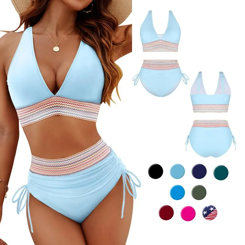 2-Pack high-waisted contrasting two-piece drawstring swimsuit, women's belly bikini suit, conservative swimsuit
