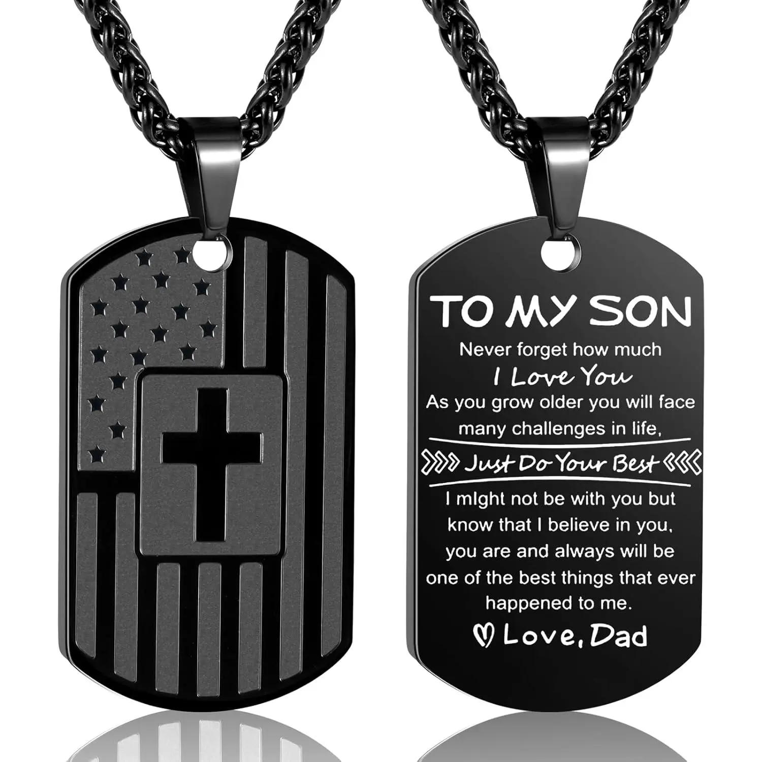 To My Son Husband Boyfriend  Flag Cross Necklace  Tag Pendant Chain Easter Valentines Fathers Day Christmas Birthday Graduation Thanksgiving Christian Religious Gifts for Boys Men Him