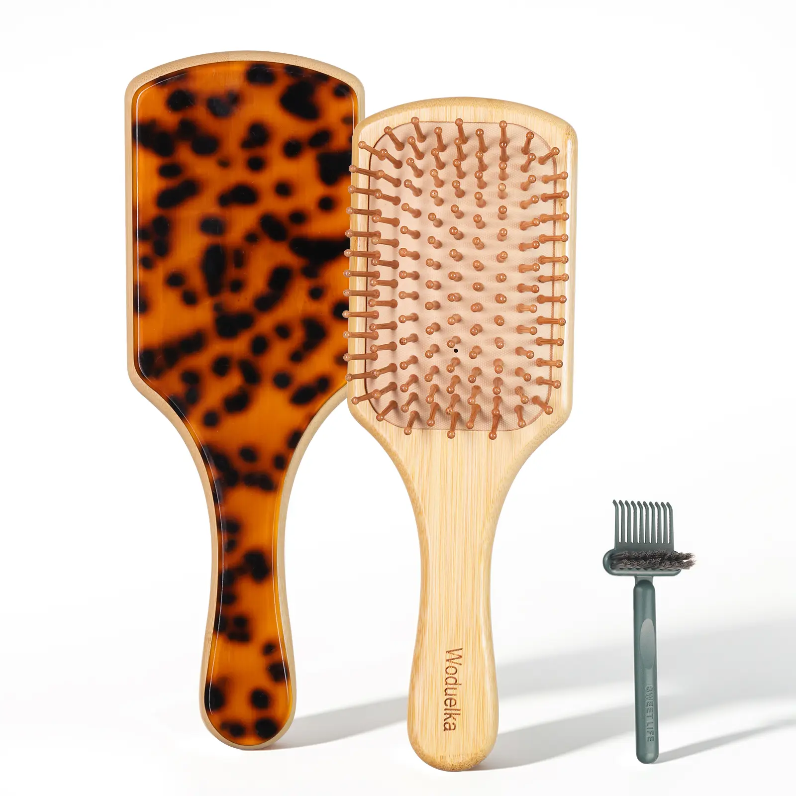Women's Bamboo Paddle Detangler Brush - Natural Bristles, Scalp Massage Tool, All Hair Types, Summer Hairstyling, Tortoiseshell Design, Brush Cleaner Included