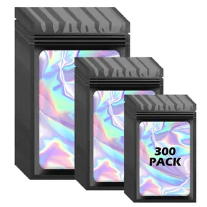 300 Pcs Holographic Mylar Bags 3 Size Smell Proof Resealable Foil Pouches for Food Storage Organiser with Clear Window Design