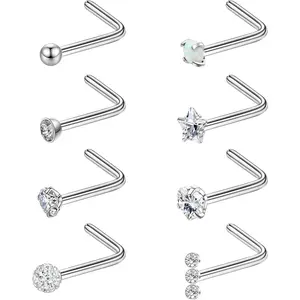 8PCS Titanium Nose Ring Studs L Shaped 20g Titanium Nose Rings for Women Men CZ Star Heart Nose Piercing Studs Pure Titanium Nostril Piercing for Sensitive Skin