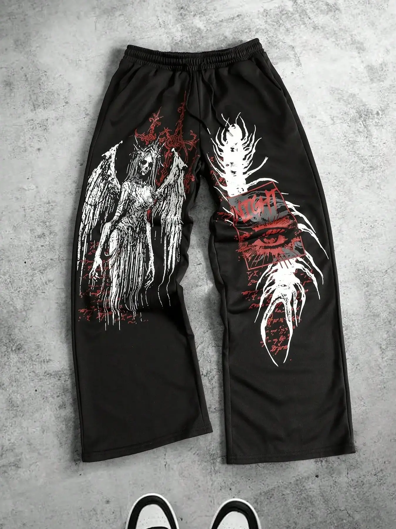 Opium Aesthetic Fallen Angel Print Wide Leg Casual Loose Baggy Pants - Gothic Darkwear Spine Graphic Sweatpants, Oversized Hip Hop Grunge Trousers for Men & Women Clubbing Street Outfits