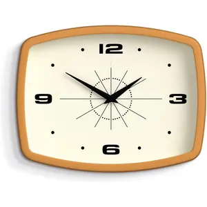 (R) Movie Wall Clock | Rectangular Retro Clock | 10 inch | Mustard Yellow | Cool mid-Century Designer Look for Kitchen, Living Room or Office