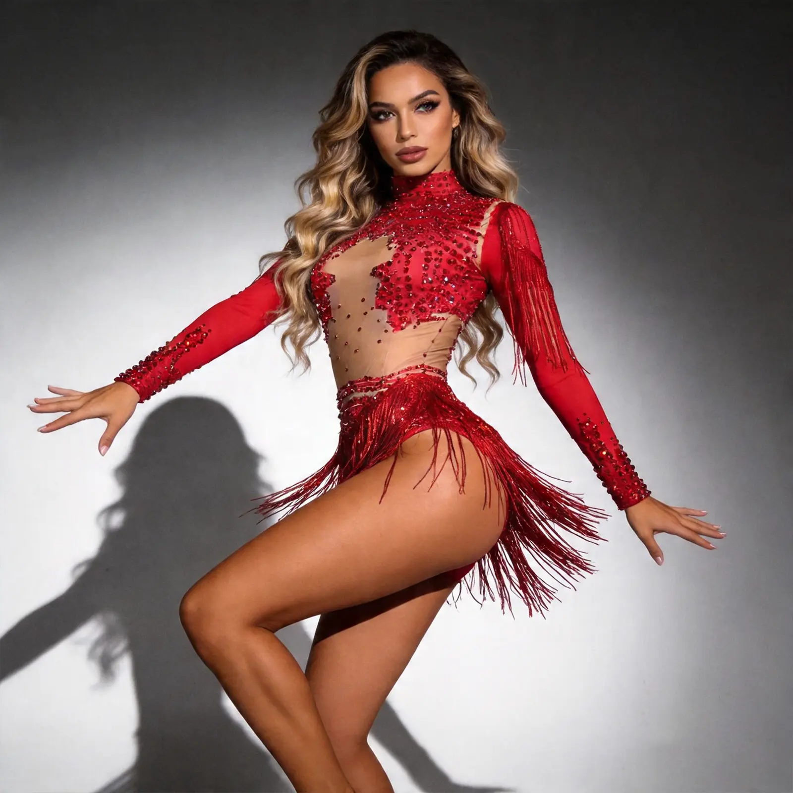 Women's Fitted Red Rhinestone Fringe Long-Sleeve High-Neck Sheer Polyester Latin Dance Bodysuit - Stage Performance, Nightclub Rave Attire, Contemporary Dancing Attire