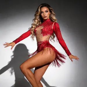 Women's Fitted Red Rhinestone Fringe Long-Sleeve High-Neck Sheer Mesh Latin Dance Bodysuit - Dance Outfits for Stage Performance, Nightclub Rave Contemporary Dancing Attire