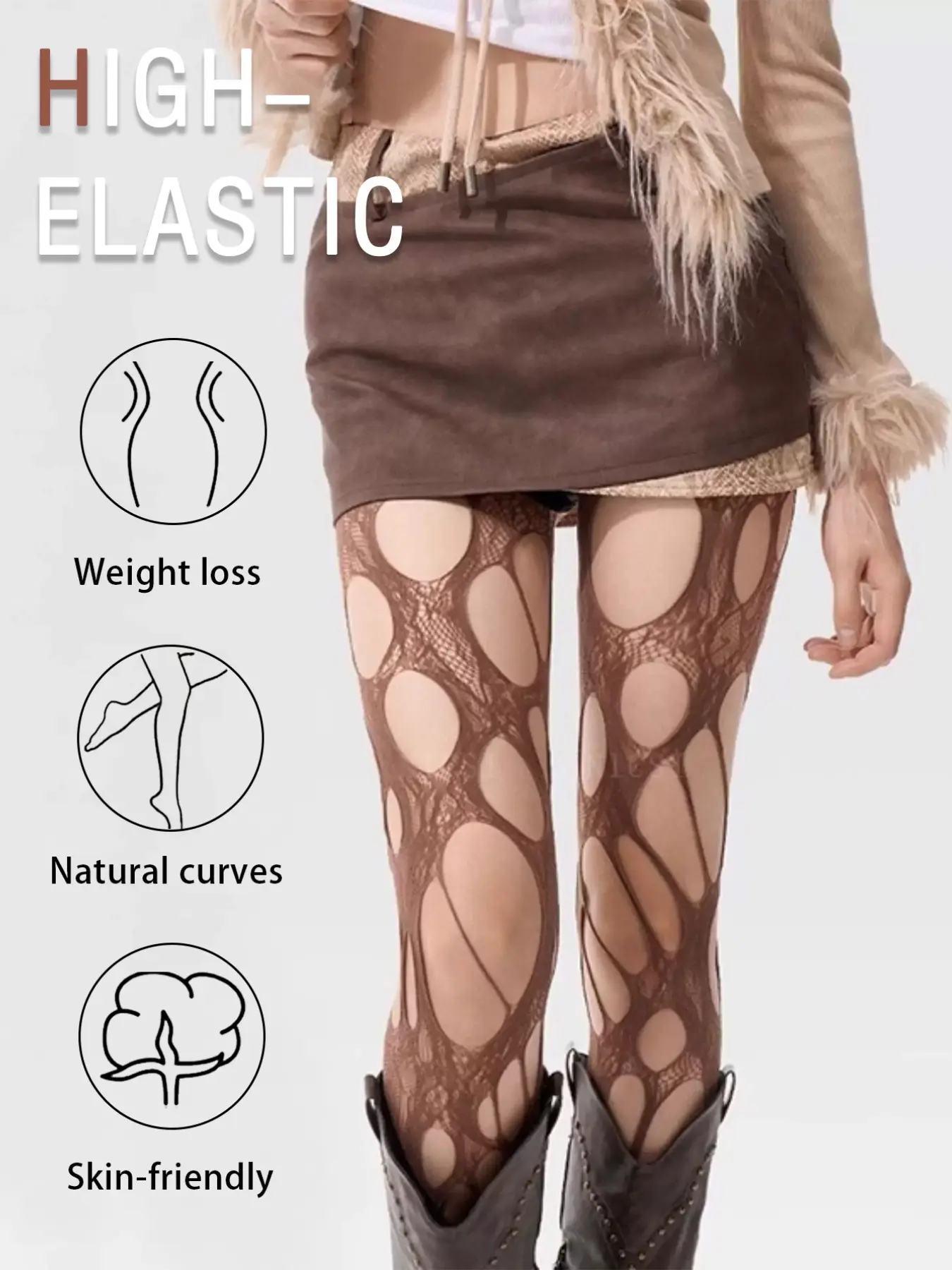 Ripped Fishnet Stockings, High Stretch Elastic Breathable Anti-Pick, Subculture Leg Shaper High Waist, Slim-Fitting Striped Design, All Seasons
