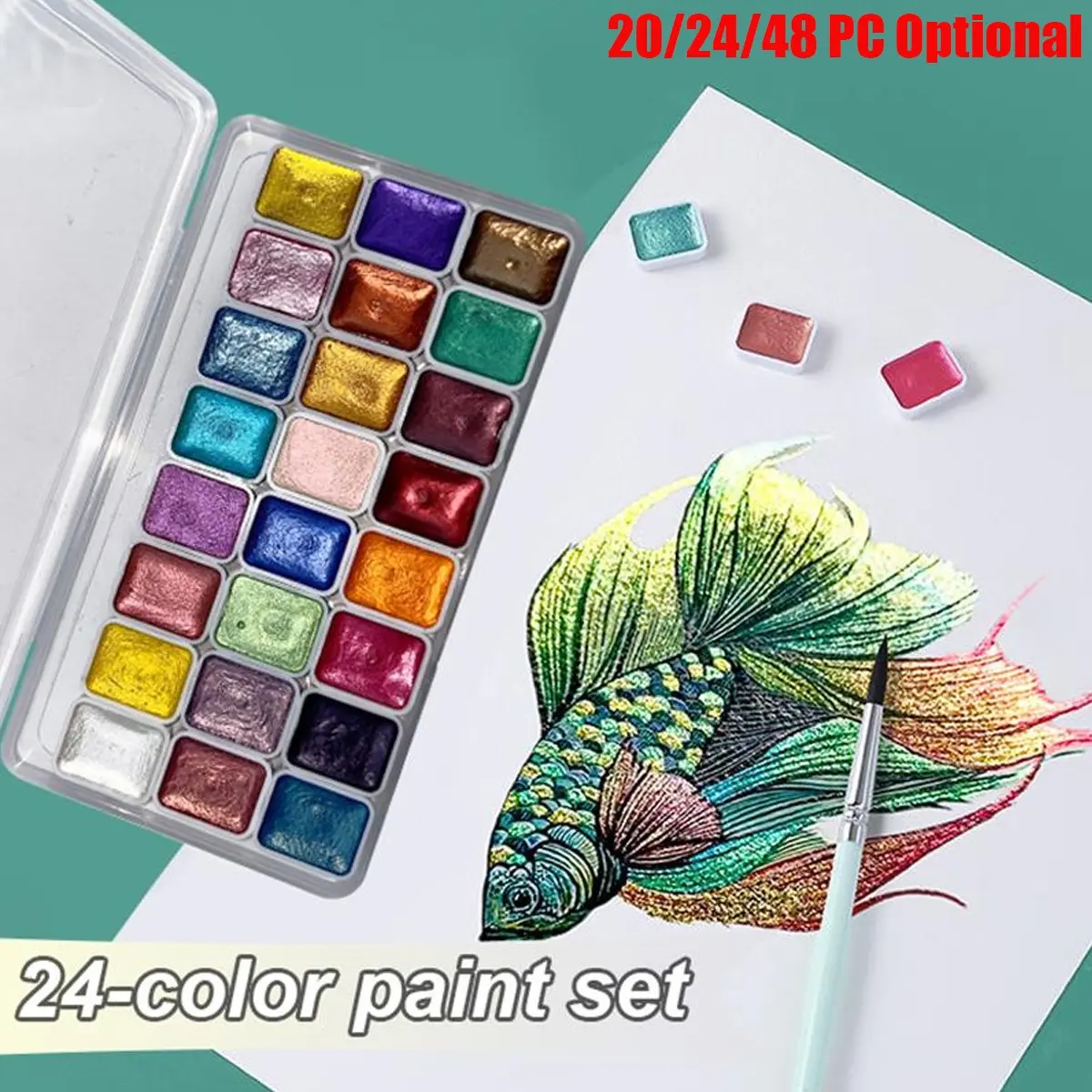 Metallic Pearlescent 24 Colors Solid Watercolor Paint Set with Portable Box for Painting,Writing,Decoration for Adults,Artists, DIY Painting Supplies, Art Materials