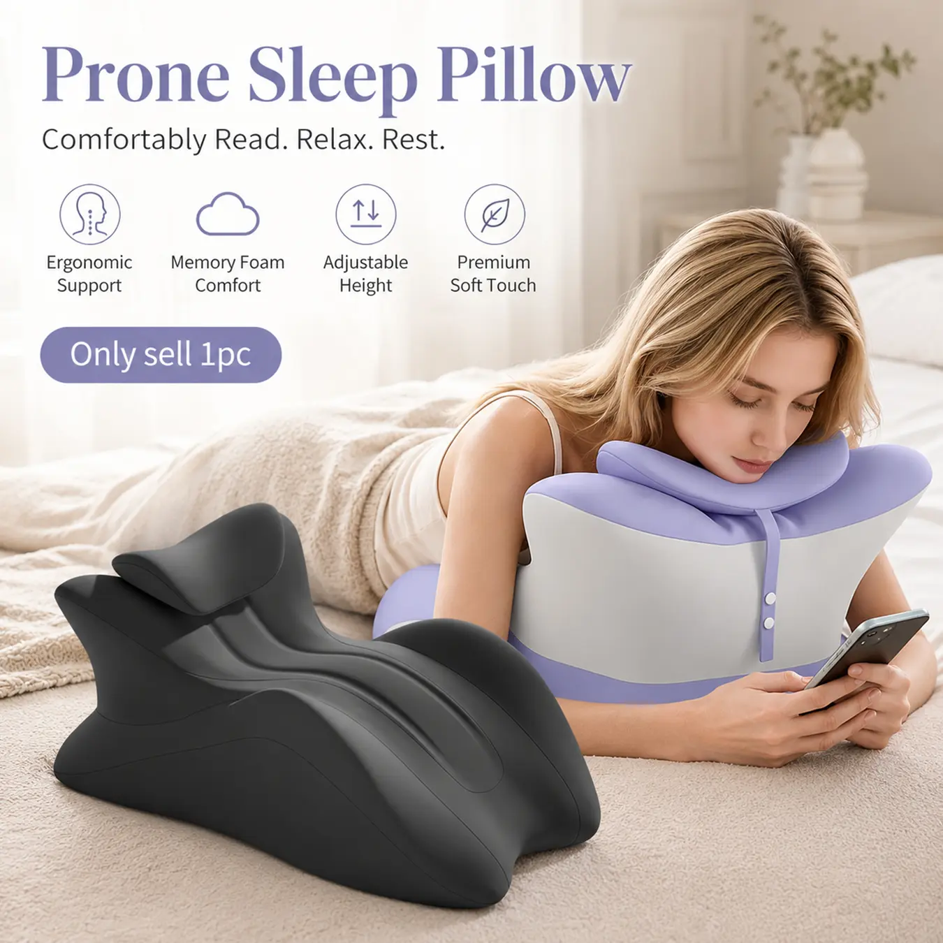 Prone Sleep Pillow for Adults - Ergonomic Face Down Pillow with Memory Foam, Stomach Sleeper Pillow, Adjustable Height Pillow, Wedge Pillow for Prone, Multi-Zone Support for Reading, Gaming, Phone Use & Massage, Removable Washable Cover