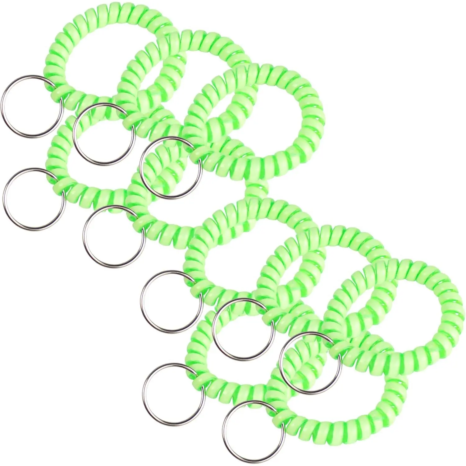 10-Pack Durable Spiral Wristcoil Keychains, Stretchy Plastic Coil Wrist Bands with Key Ring, Waterproof, Lightweight, Uniform, Casual Everyday Use for Gym, Beach, Office, Unisex Round Pull-On Fashion Accessory, Superior Quality