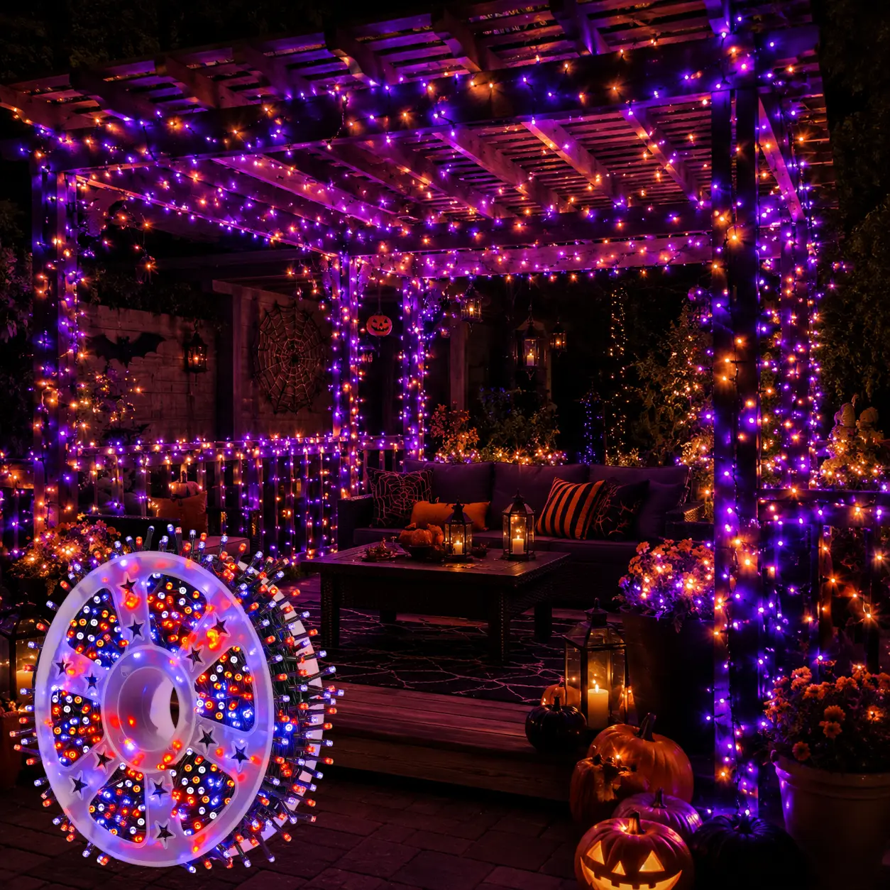 800-LED Solar-Powered Halloween Outdoor Lights, 334.6-Foot Orange and Purple String Lights (with Remote Control), Waterproof Spooky Fairy Lights, Perfect for Yards, Porches, and Halloween Parties