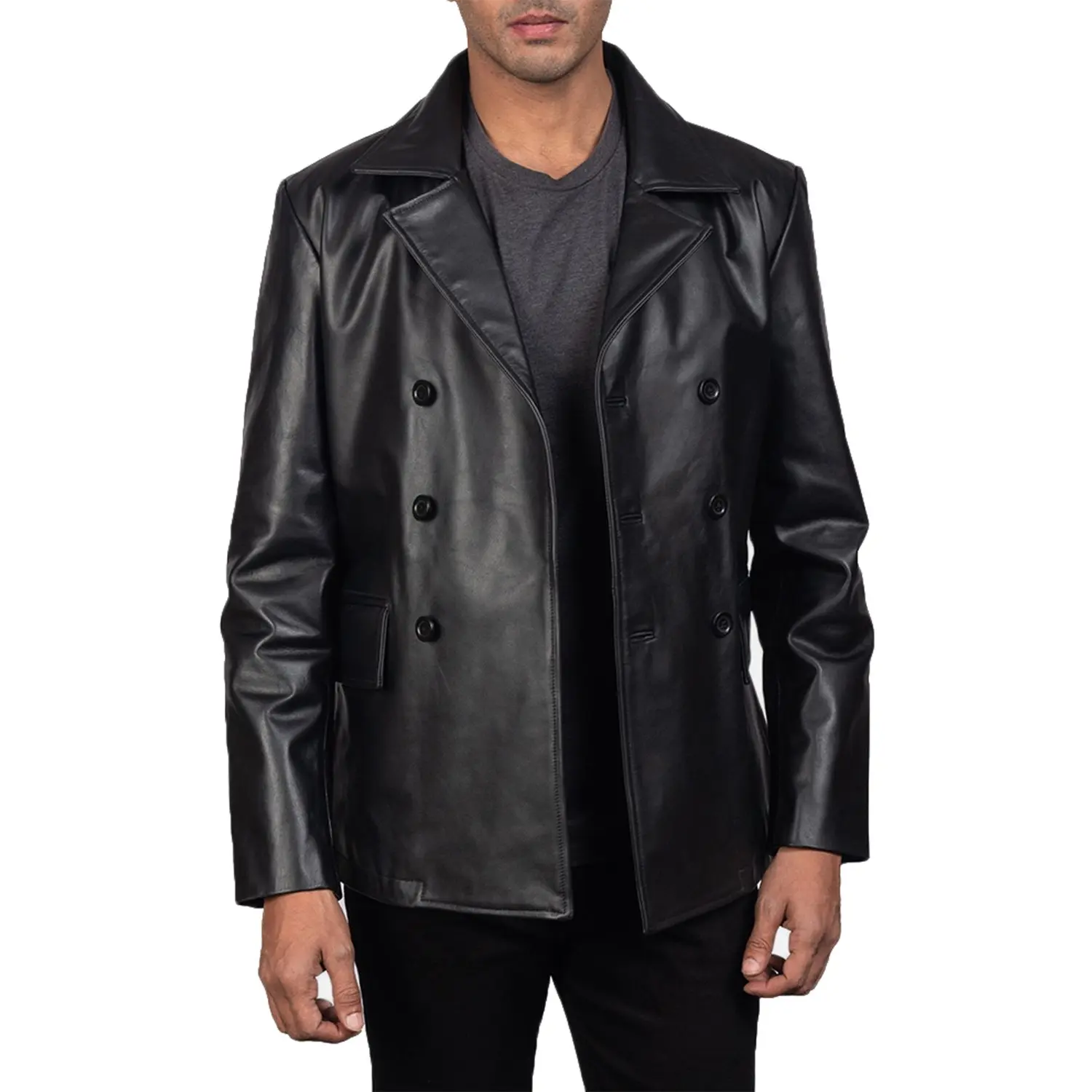 MotorCycleJackets Men's Naval Real Leather Peacoat