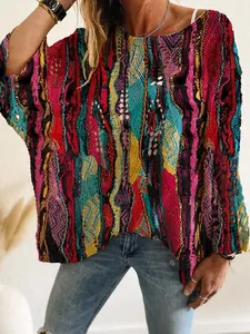 Women's Patchwork Knit Top, Casual Loose-Fitting Batwing Long Sleeve Shirt, Spring Summer Fashion, Elegant Beach Vacation Wear, Ladies' Blouse, Womenswear