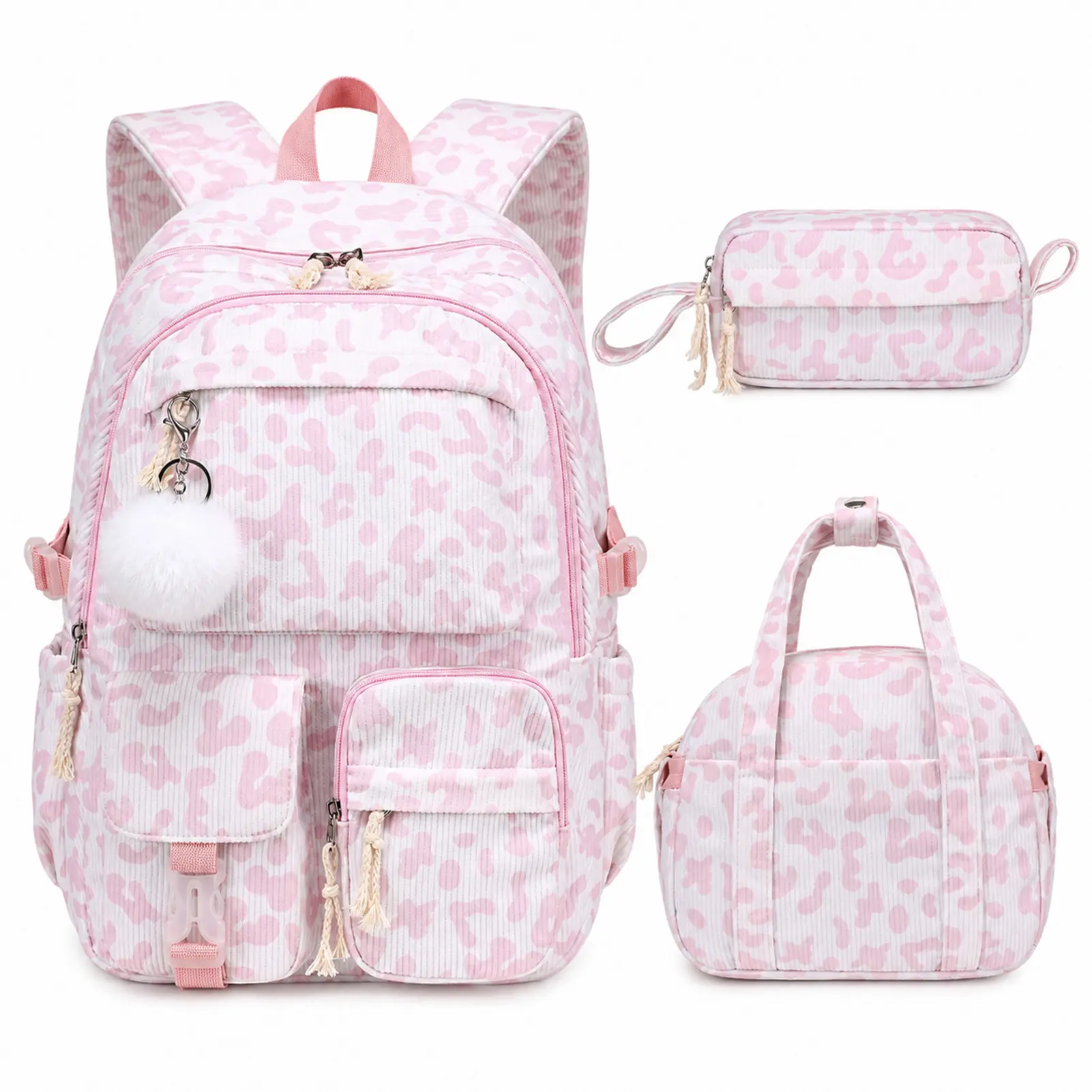 Similove Corduroy Floral Kids Backpack Set - 3-Pocket Kawaii 3/4PCS Casual Printed Bag with Lunch Bag, Pencil Case & Water Bottle, Lightweight Back to School Haul for Preschoolers