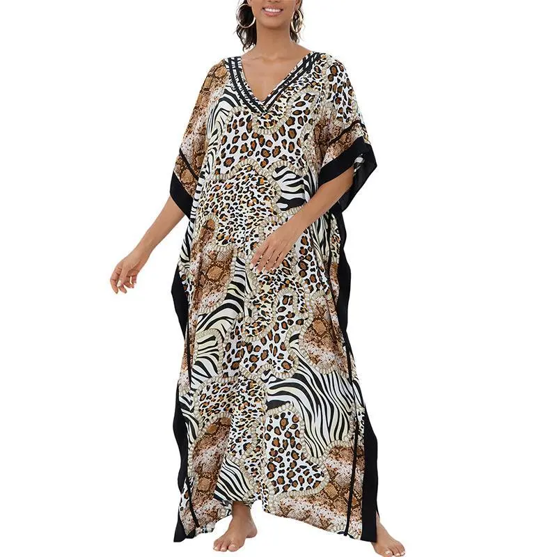 Women's Ethnic Kaftan Dress in Zebra Print Viscose Fabric, Elegant Bohemian Gown with Batwing Sleeves and Side Slits, Casual Evening Swimsuit Cover Up, Versatile & Comfortable Fit, Quick-Drying Material