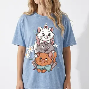 Womens Mens Aristocats Marie Toulouse Berlioz Cats Graphic Tshirt Acid Wash Heavyweight Cotton Casual Oversized Crewneck Streetwear Tops Summervibes Fashion Tees