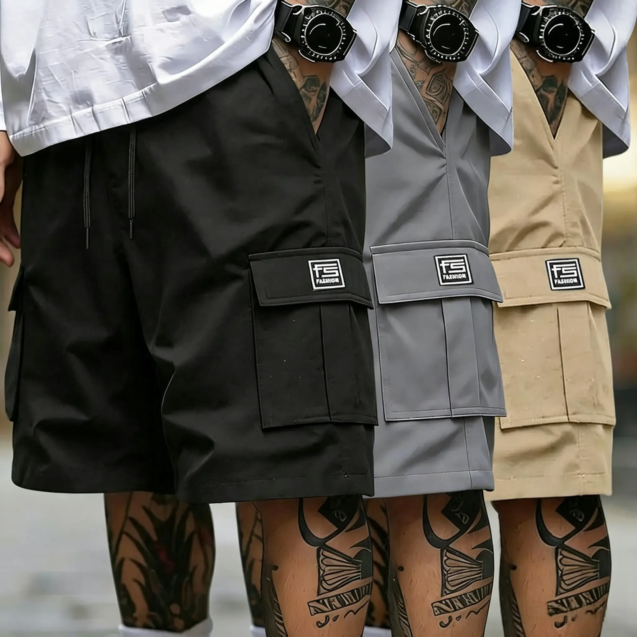 Men's 3-Pack Casual Baggy Woven Cargo Shorts, Solid Color Design with Multiple Pockets and an Adjustable Drawstring, Chic, Cargo Utility Men's Shorts, Casual Fit Men's Shorts